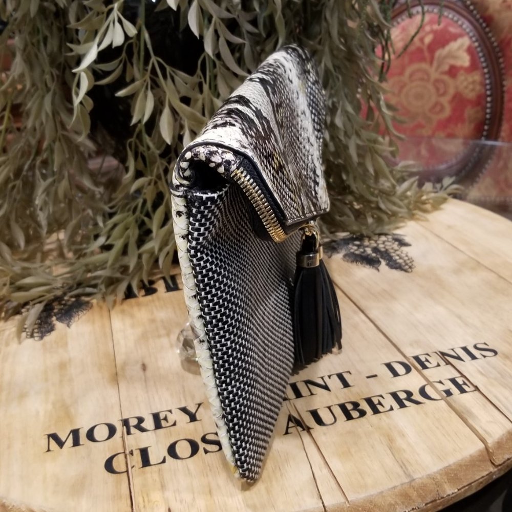 henri bendel Black White Snakeskin-Accent Foldover Clutch with Tassels - Picture 3 of 10